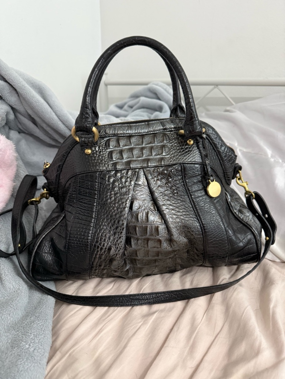 Brahmin Vintage Louise Rose Twilight Black with silver ombré leather satchel - Picture 3 of 10
